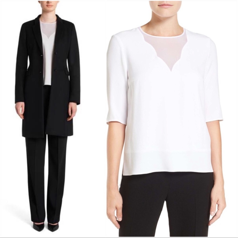 Boss by Hugo Boss IMOONA White Sheer Insert Inlay Scalloped Edge Blouse Sz 12